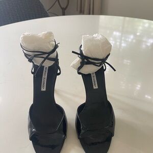 Manolo Blahnik Black Patent Ankle Strap Sandals, size 38.  Like New